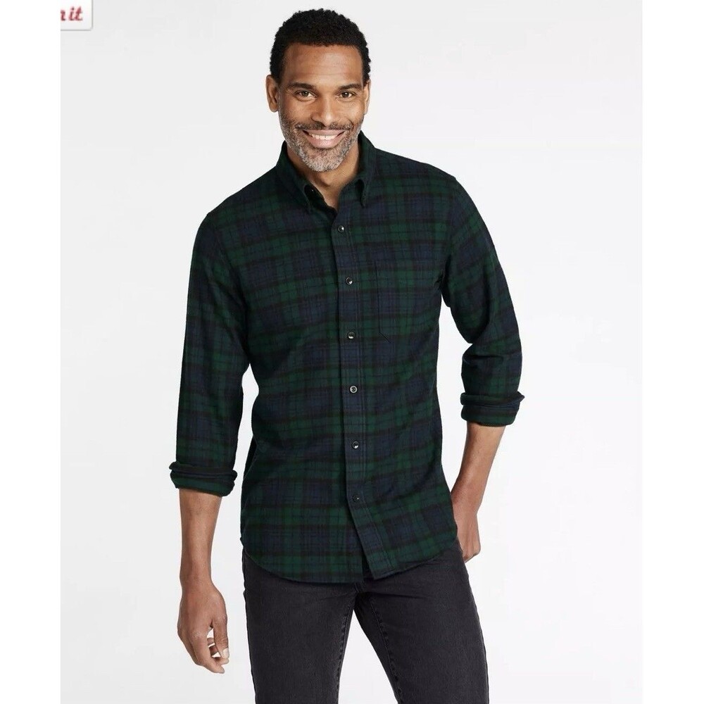 LL Bean Flannel Shirt Mens S Black Watch Scotch Plaid Button Down Regular 100%